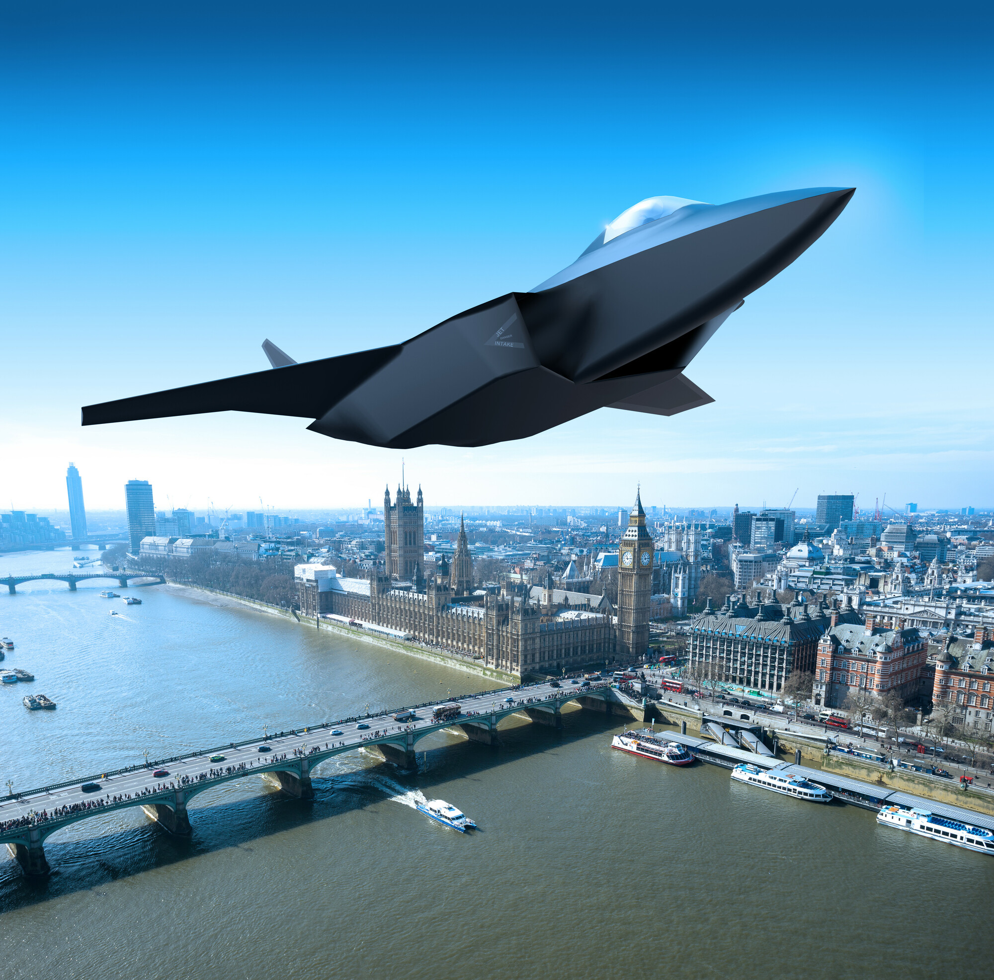 Digital graphic of next generation tempest aircraft in flight over London Thames river.